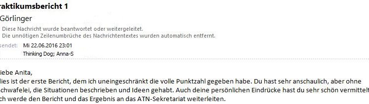 Inhalt der Bewertungs-E-Mail: Liebe Anita, dies ist der erste Bericht, dem ich uneingeschränkt die volle Punktzahl gegeben habe. Du hast sehr anschaulich, aber ohne Schwafelei, die Situationen beschrieben und Ideen gehabt. Auch deine persönlichen Eindrücke hast du sehr schön vermittelt. Ich werde den Bericht und das Ergebnis an das ATN-Sekretariat weiterleiten.