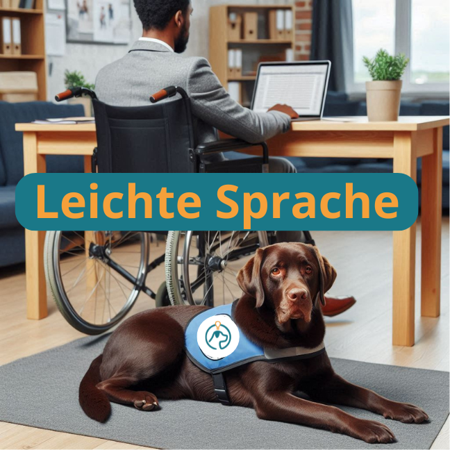 Mensch-mit-Assistenzhund-am-Arbeitsplatz-KI-generiert - Leichte Sprachebild